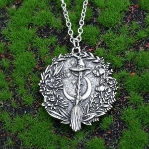 Goth Necklace, Witch’s Broom and Hat, Silver Color, Moon